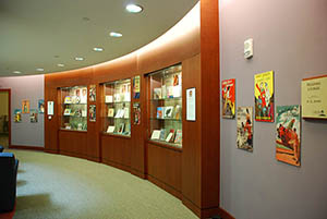 Vintage series books for girls on exhibit in library display cases