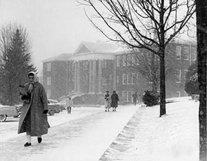 Black and white photo of App State campus in snow