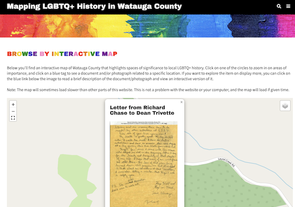 Screenshot from interactive exhibit showing map of Watauga County with clickable pins linked to primary source material