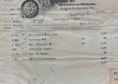 Store receipt listing laudanum, cigars, and horn combs.
