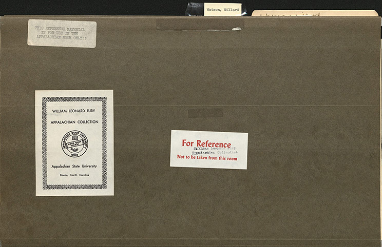 File folder labeled "Watson, Willard" from the W.L. Eury Appalachian Collection