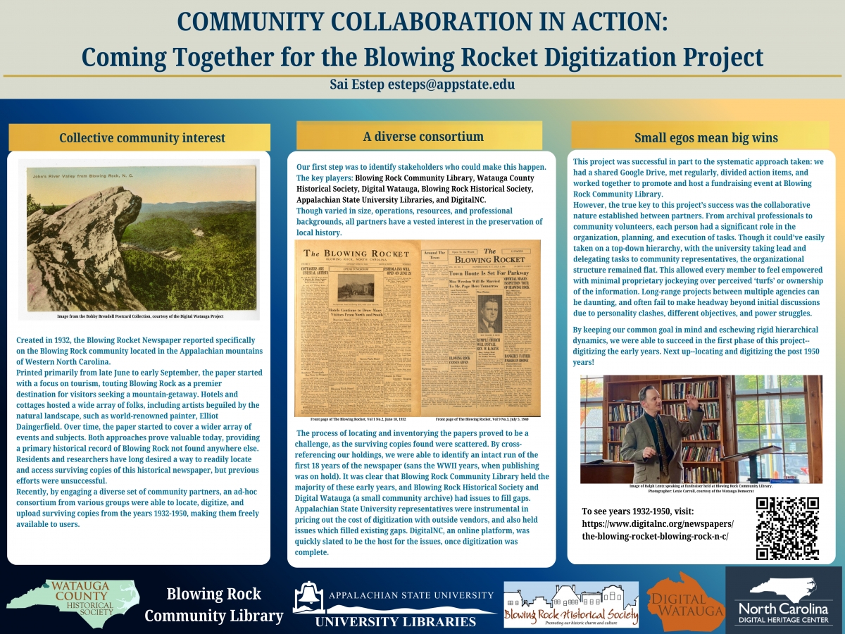 Poster presentation for Community Collaboration in Action: Coming Together for the Blowing Rock Digitation Project. Details are in article text.