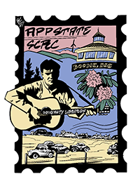 Bobby Carter's design resembles a postage stamp with illustrations of the Belk Library cupola, Doc Watson, rhododendrons, and stock cars