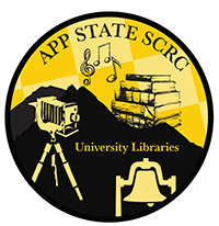 Design by Aubrey Cotten in App State black and gold featuring an antique camera, music notes, a stack of books and the University Libraries logo